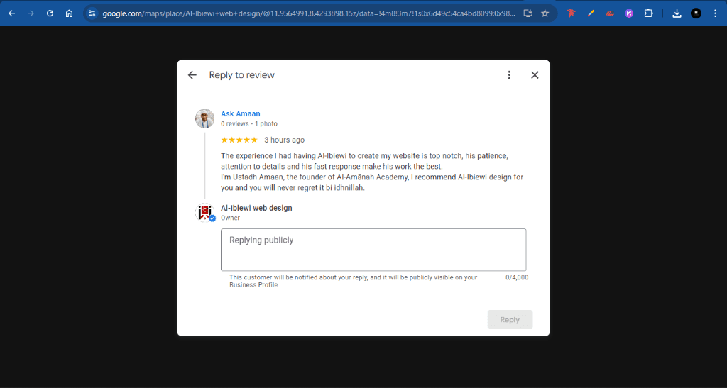 5-star review from Ask Amaan (Ustadh Amaan, Founder of Al-Amānah Academy) commending the responsiveness, patience, and quality of work.