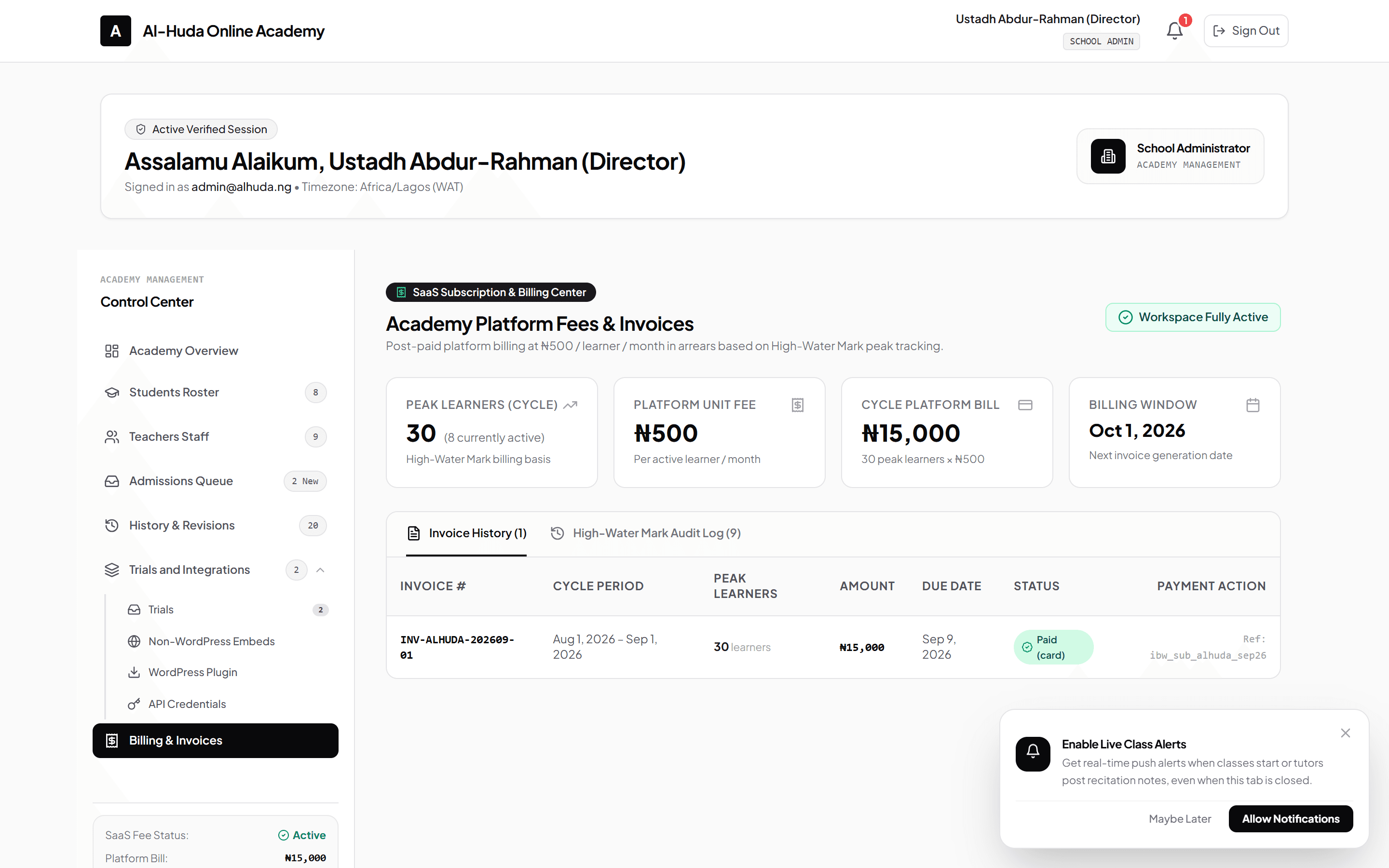 Paystack subscription engine calculating monthly active student billing without manual invoicing.
