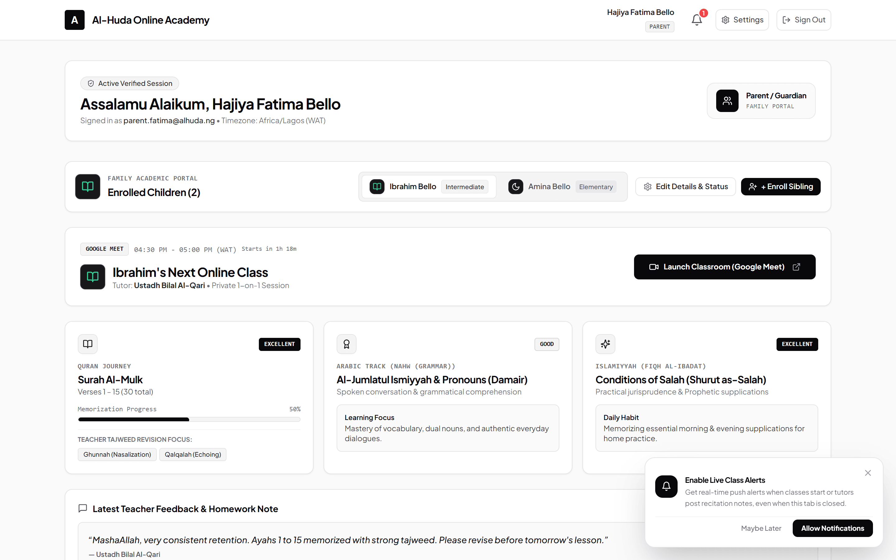 Family portal tracking multi-track Quran, Arabic, and Islamic Studies progress.